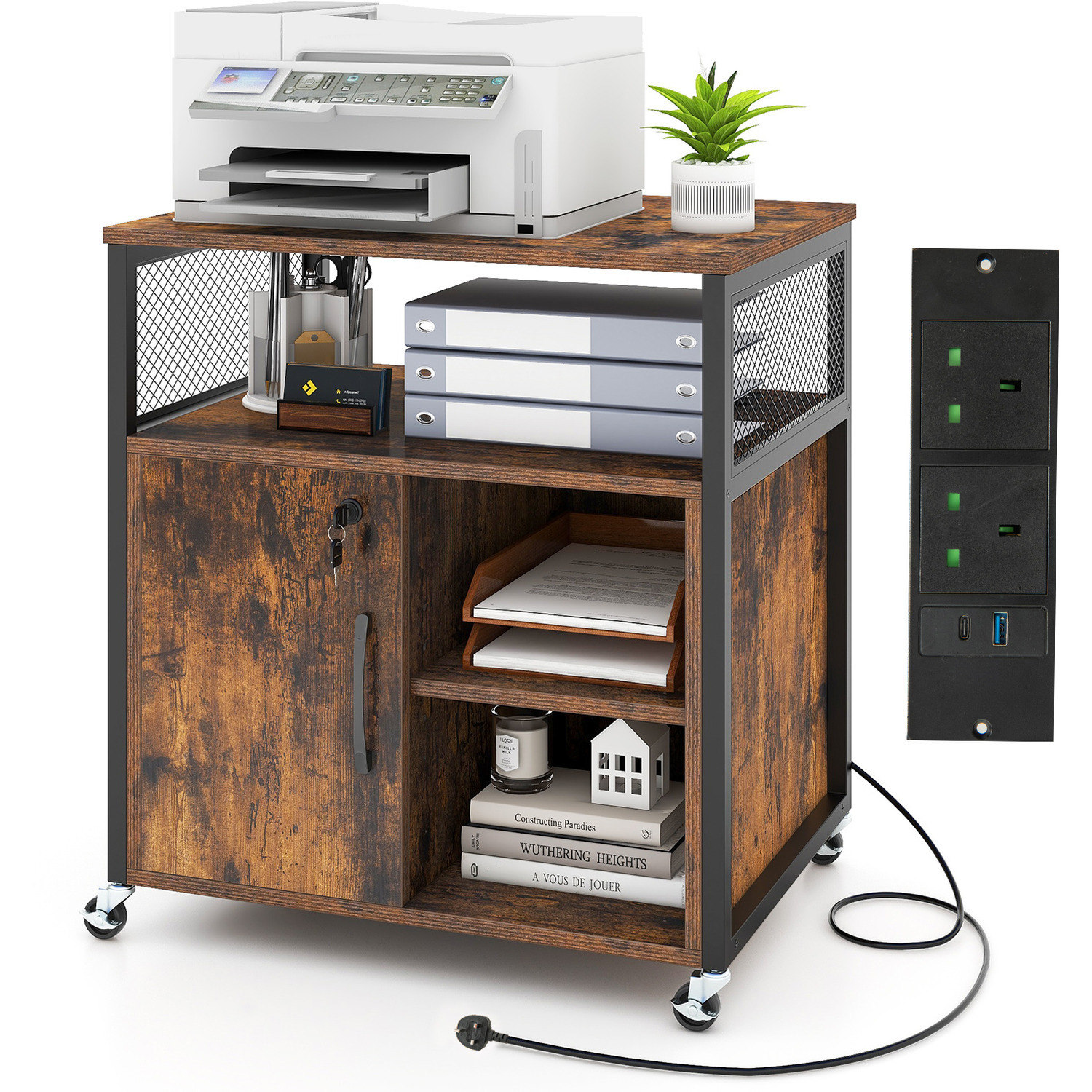 Mobile Lateral Filing Cabinet Printer Stand - Brown