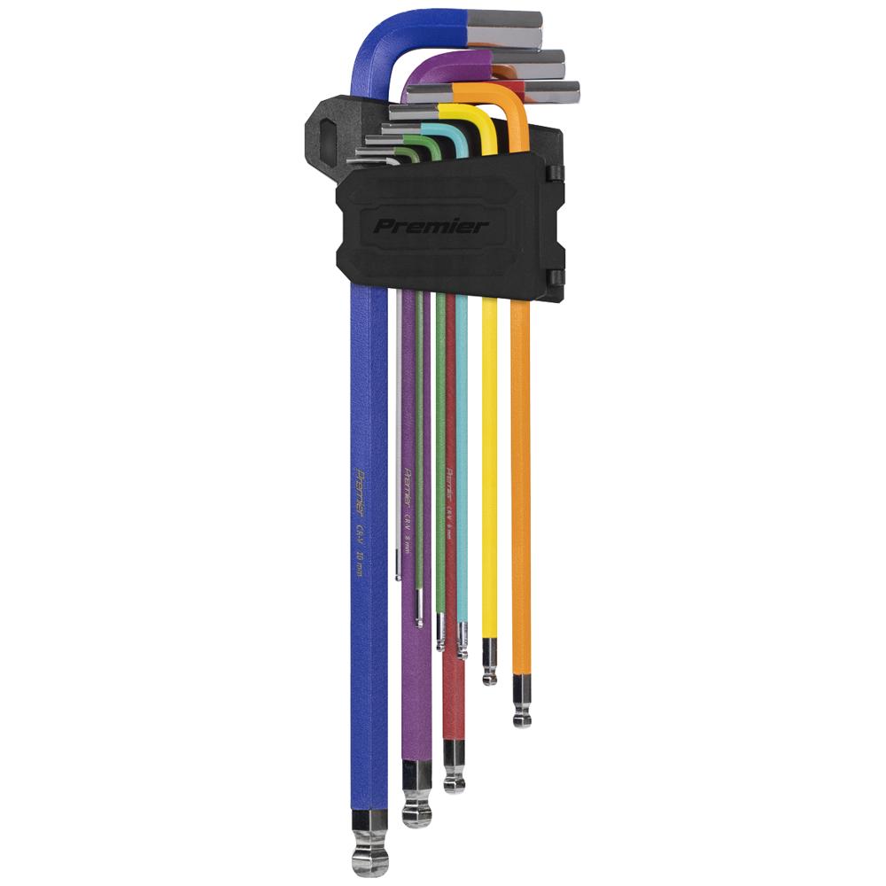 Sealey 9 Piece Colour Coded Extra Long Ball End Hex Key Set Imperial